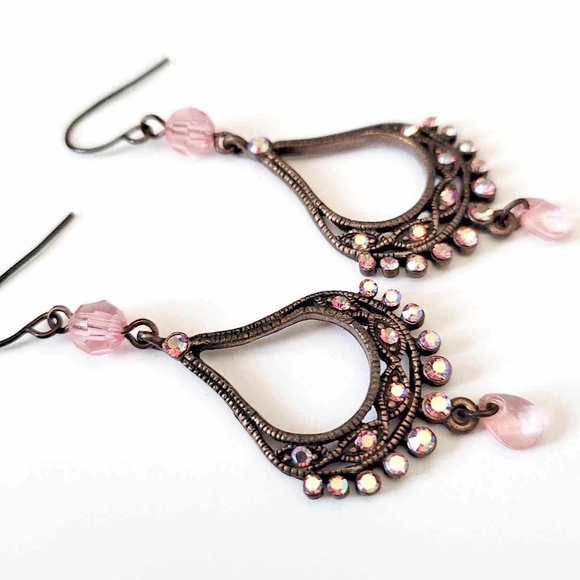 ๐๐ Vintage Copper Bohemian Pink Inlaid Rhinestones Chandelier Earrings - Picture 6 of 6